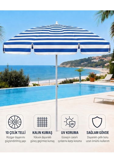 Plaj Şemsiyesi Balkon Bahçe Güneş Şemsiyesi 200cm 10 Telli Uv Korumalı Mavi