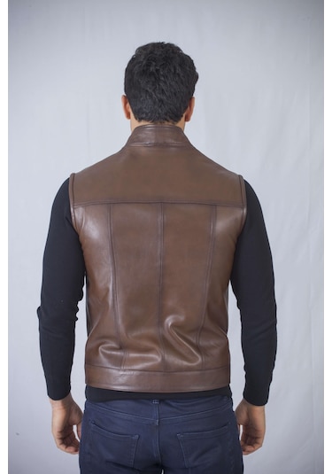Hakim Yaka Gerçek Deri Yelek Kahverengi