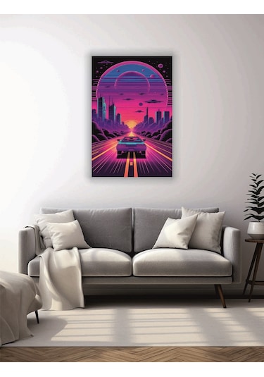 Neon Araba Temalı Cam Tablo
