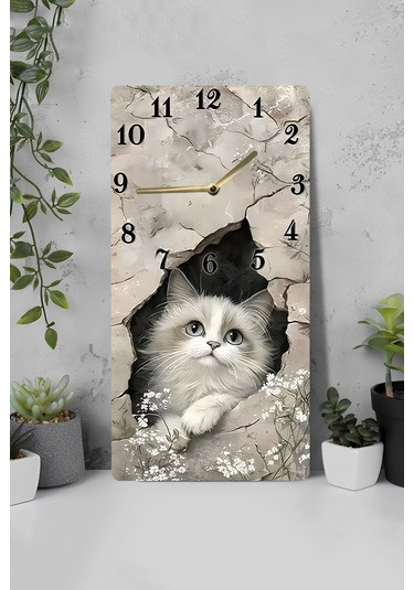 Uv Baskı Mdf Tablo Saat 30x60 Cm Sevimli Kedi Desenli Usd249 Ahşap Saat Usd249