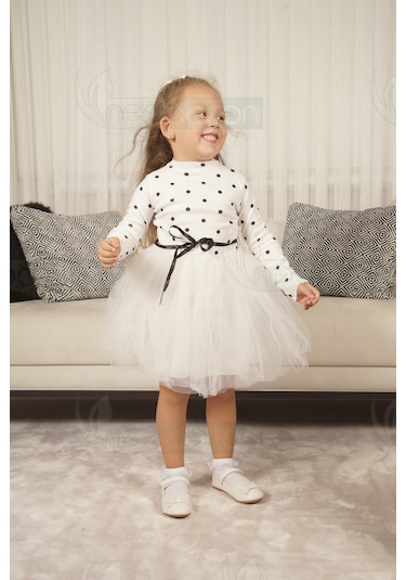 Puantiyeli Kız Çocuk Özel Günler İçin Tüllü Elbise Beyaz