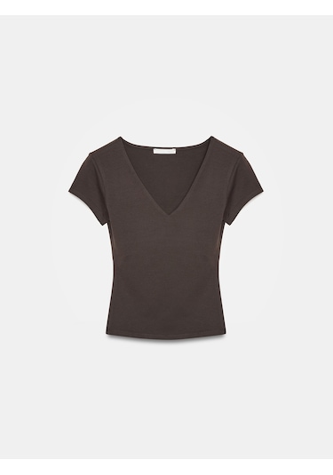 Dilvin 32840 V Yaka Basic T-shirt-koyu Kahve