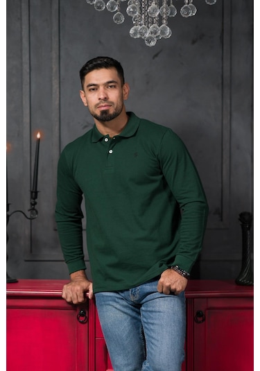 San&fa Regular Fit Polo Yaka Uzun Kol Pamuklu Baharlık Sweatshirt Yeşil