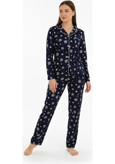 Luxury Soft Lacivert Kar Tanesi Desenli Uzun Kollu Kadın Pijama Takımı 3059 Lacivert