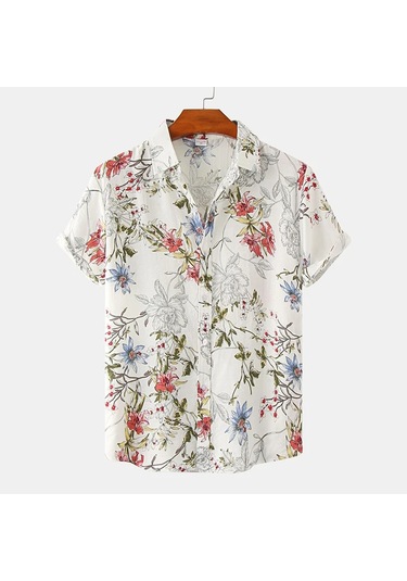 Snapbuy Erkek Yaz Çiçek Kısa Kollu Hawaii Gömlek Slim Fit Plaj Bluzgümüş Gümüş