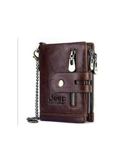 Alibee Jeep Erkek Deri Cüzdan Şık Tasarım Fonksiyonel Zincir Aksesuarlı Kahverengi