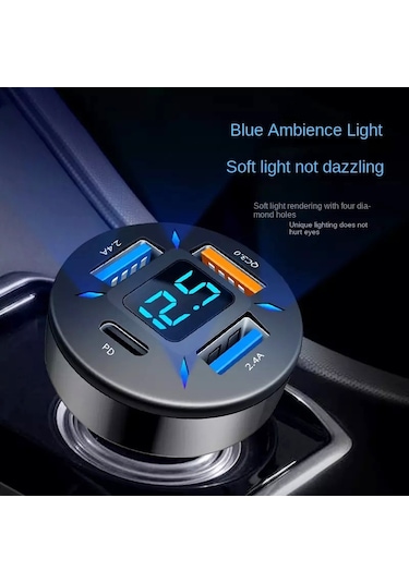 4'ü 1 Arada Usb 66w Dijital Ekranlı Araba Süper Hızlı Şarj Cihazı