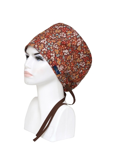Tesettür Kahverengi Çıtır Çiçekler Desenli Cerrahi Bone Doktor Hemşire Sağlıkçı Bonesi Geniş Kesim