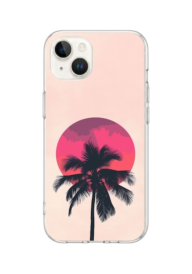 iPhone 13/14 Uyumlu Palmiye Kırmızı Ay Baskılı Silikon Kılıf Renkli