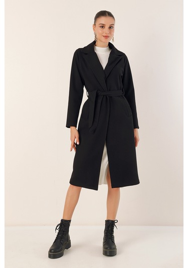 9118 Kruvaze Yaka Kaşe Kaban - Siyah Siyah