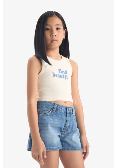 Defacto Kız Çocuk Bisiklet Yaka Baskılı Crop Atlet C4717a825smer99 Ekru