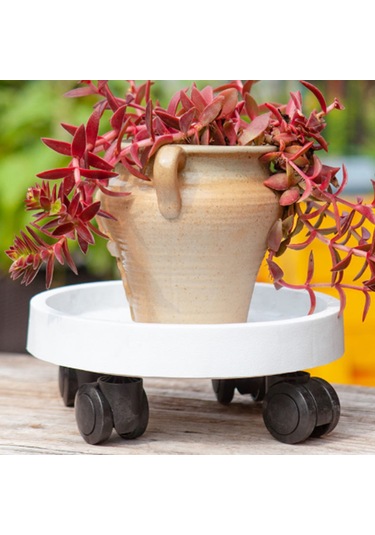 Fosenze Plastik Dönen Tekerlekli Sulu Toplama Kutuslu Dairesel Süs Bitki Tabağı - Balkon İçin Taşınabilir Altyapı Beyaz