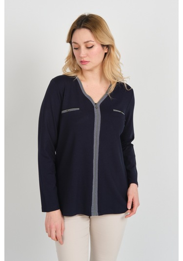 Detay Triko Kadın Süs Cepli Toka Detaylı Uzun Kol Anne Bluz 5717 Lacivert Lacivert