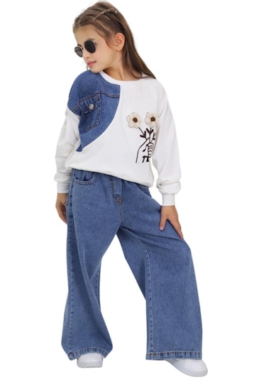 Kız Çocuk Denim Detaylı Çiçek Aksesuarlı Sweatshirt Ve Geniş Paça Kot Pantolon Takım Lacivert
