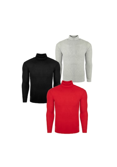 Ribac 3'lü Paket Erkek Boğazlı Balıkçı Triko Kazak Siyah-gri-bordo Çok Renkli