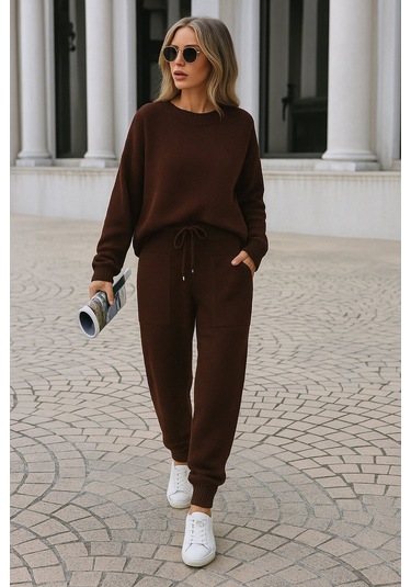 Kadın Rahat Kalıp Örgü Triko Tasarım Alt Üst Takım Acı Kahverengi