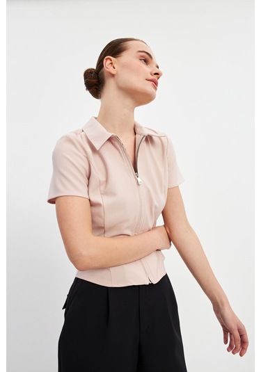 Stella Pulvis Pudra Fermuarlı Slim Fit Kuplu Bluz Pudra