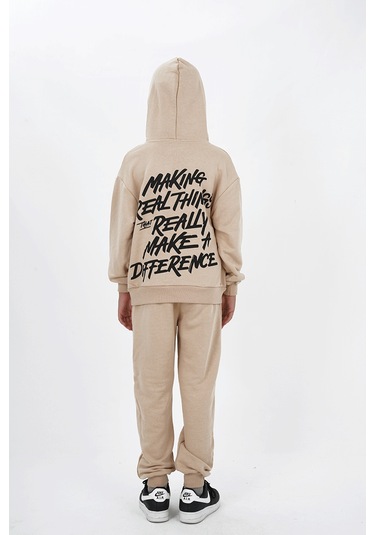 Erkek Çocuk Üç İplik Şardonsuz Kumaş Baskılı Kapüşonlu Eşofman Takımı Bej