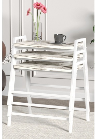 Zigon Sehpa , Aden 3'lü Tepsi Zigon Sehpa Takımı Beyaz Metal - Beyaz Mermer Tabla Beyaz-beyaz Mermer