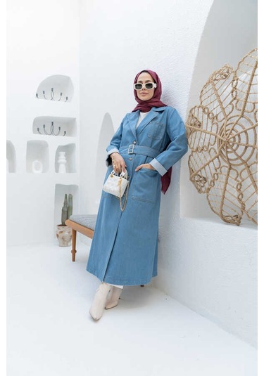 Neways 6655-kuşaklı Denim Ceket Mavi Mavi
