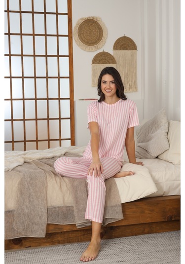 Kadın Yazlık Kısa Kol Penye Süprem Kumaş Pijama Takımı Pembe Çizgili