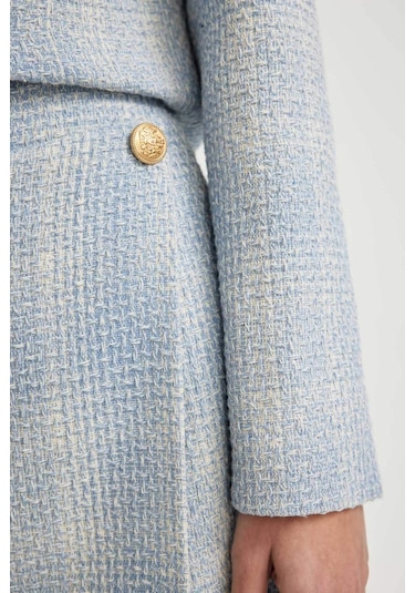 Defacto Yüksek Bel Kareli Tweed Mini Şort Etek C5532AX24SMBE503 Mavi