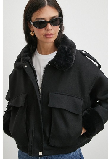 Apoletli Yünlü Körük Cepli Kaşe Mont Siyah Siyah