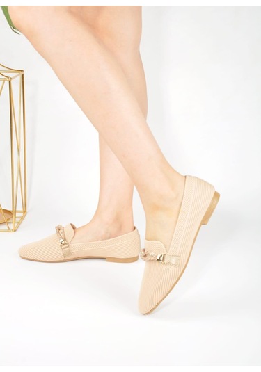 Günlük Kadın Triko Babet Taş Tokalı Alçak Topuklu Nefes Alan Rahat Hafif Ayakkabı 1997-1 Bej