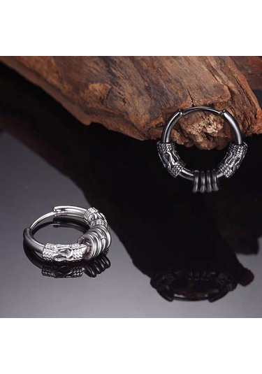 Siyah Yuvarlak Paslanmaz Çelik Kore Tarzı Küpe Ejderha Deseni Daire Kulak Çıtçıt Erkekler Hoop Küpeler Siyah