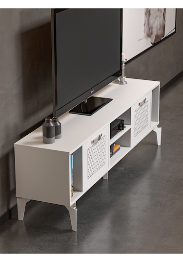 Tv Sehpası 160 Cm Modern Çok Amaçlı Dolaplı Raflı Televizyon Ünitesi Linya Gümüş Beyaz