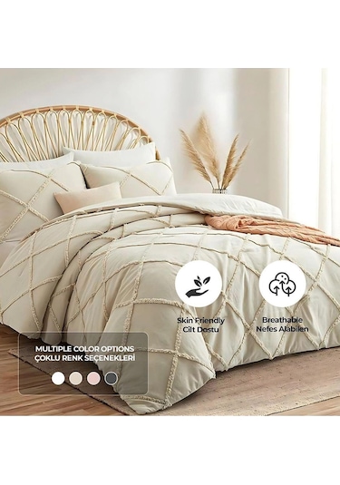 Evlen Home Pamuklu Aimar Yatak Örtüsü Takımı Çift Kişilik Günlük Boho 3 Parça Elyaf Dolgulu Bej Bej