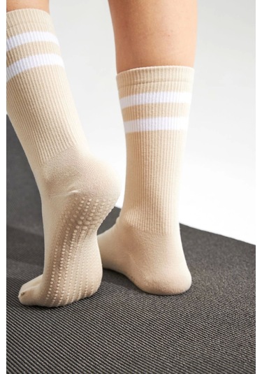 Bambu Kadın Krem Kaydırmaz Taban Silikon Baskı Yoga Fitness Pilates Bale Dans Tenis Çorabı Çok Renkli