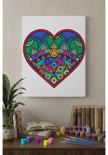 Etnik Kalp Desenli Mandala Ahşap Boyama Seti 40x50 Cm