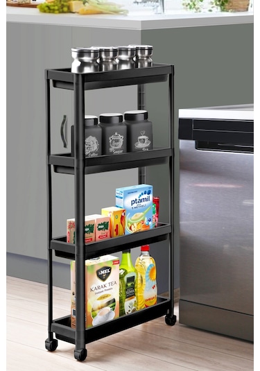 Bayev Siyah Tekerlekli Dikdörtgen 4 Katlı Raf Ünitesi Banyo Mutfak Düzenleyici Organizer Raf Siyah