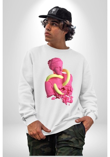 Pop Art Yaratıcı Heykel Pembe Unisex Beyaz Sweatshirt Beyaz