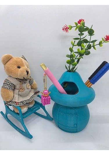 Kalemlik-ayıcık- Turkuaz- Sima Mantar Çiçekli Üç Gözlü Kalemlik Düzenleyici Turkuaz