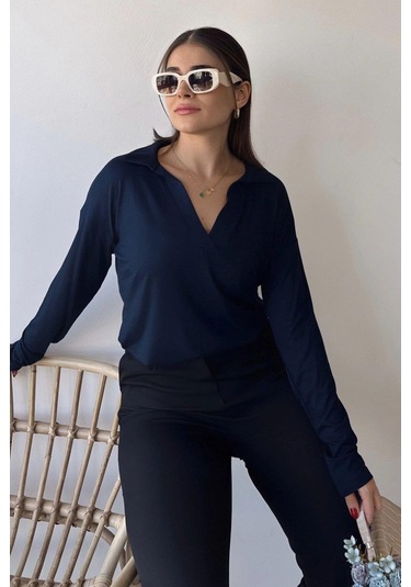 Kadın Laci Polo Yaka Basic Bluz, Uzun Kol, Regular Kesim, Günlük Ve Spor Kaliteli Kumaş Sweatshirt Lacivert