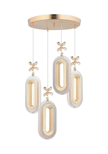 Modern Ledli 4'lü Gold 3 Renk Kristal Taşlı Avize Gold