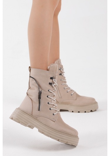 Tonny Black Kadın Krem Süet Poli Taban Fermuar Detaylı Rahat Kalı