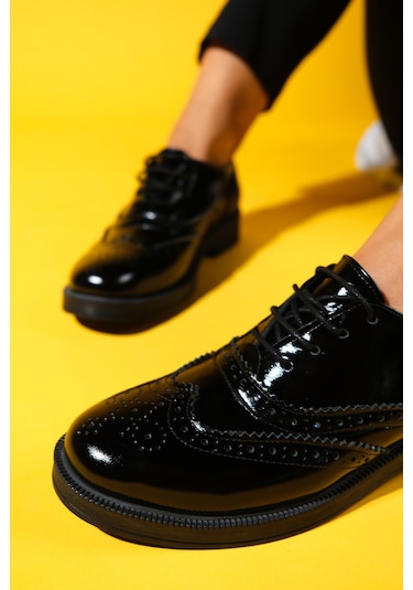 Avra Siyah Rugan Hakiki Deri Kadın Oxford Ayakkabı Siyah