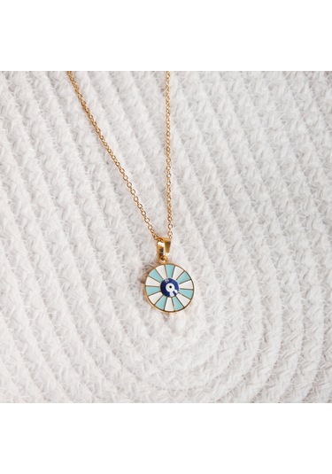 Lekka Design Kadın Çelik Takı Mavi Nazar Boncuklu Mineli Madalyon Kolye Altın