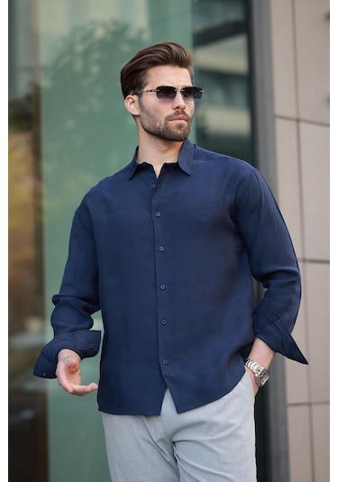 Madmext Lacivert Basic Uzun Kollu Erkek Gömlek E6762 Lacivert