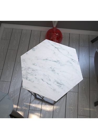 Cetrus Beyaz Mermer Yan Sehpa & Servis Sehpası Metal Marmo