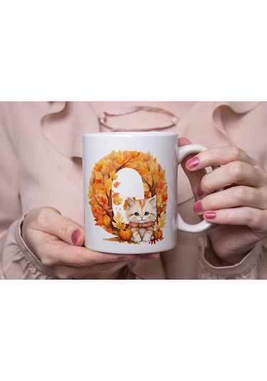 O Harf Sonbahar Yaprak Temalı Kupa Bardak - Sevimli Figürler İle Alfabe Harfli Bardak - Kişiye Özel Beyaz