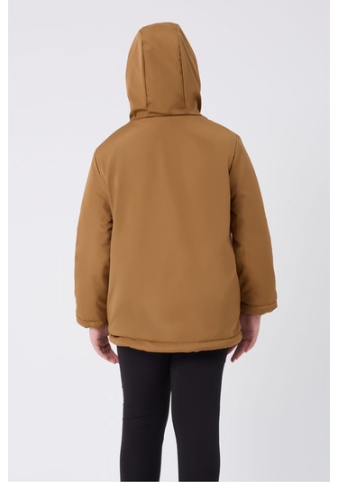 Kız Çocuk Taba İçi Kürklü Su Ve Rüzgar Geçirmez Kapüşonlu 3 Cep Kışlık Mont & Kaban & Parka Taba