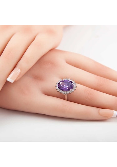 Gümüş Mor Taşlı Oval Kadın Yüzük