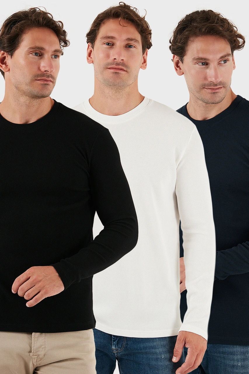 Buratti Pamuklu Bisklet Yaka Slim Fit Basic 3'Lü Paket Erkek Sweat 5905073S3 Ekru-Lacivert-Siyah