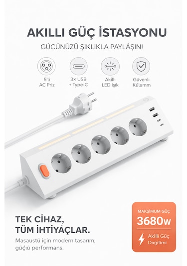 Akıllı Priz Termal Korumalı 5 Li Priz 3680w Led Işıklı Çoklu Çoklu Akım Prizi Usb Usb-c 0