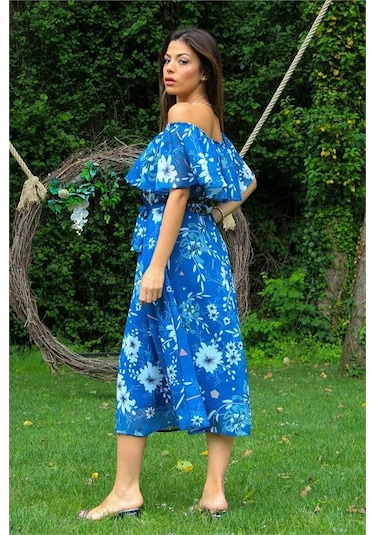 Neşeli Butik Kadın İndigo Bağlama Detaylı Madonna Yaka Şifon Elbise Nb100371 Indigo