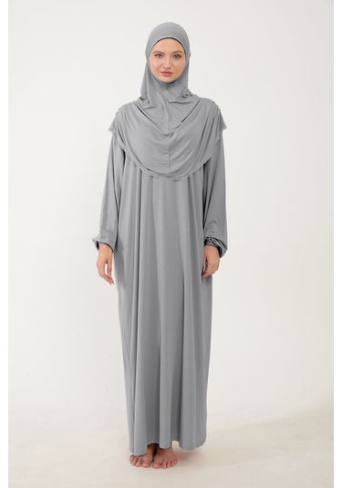 Kadın Tesettür Pamuklu Başörtülü Namaz Elbisesi Dantelli Tek Parça Penye Kumaş Gri